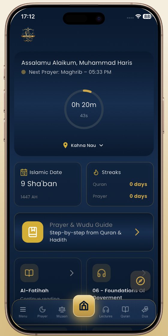 Mizaan home screen with the next prayer countdown