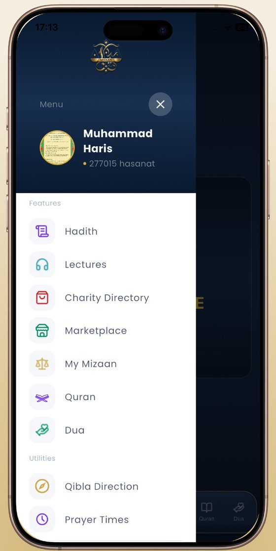 Mizaan menu showing every section of the app