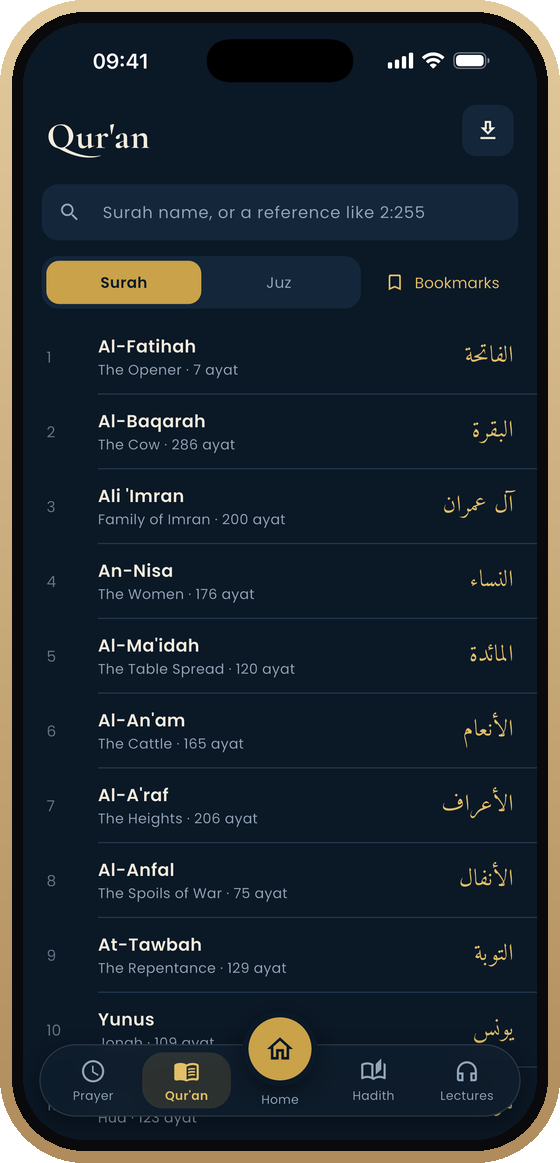 Mizaan Qur'an screen listing all 114 surahs